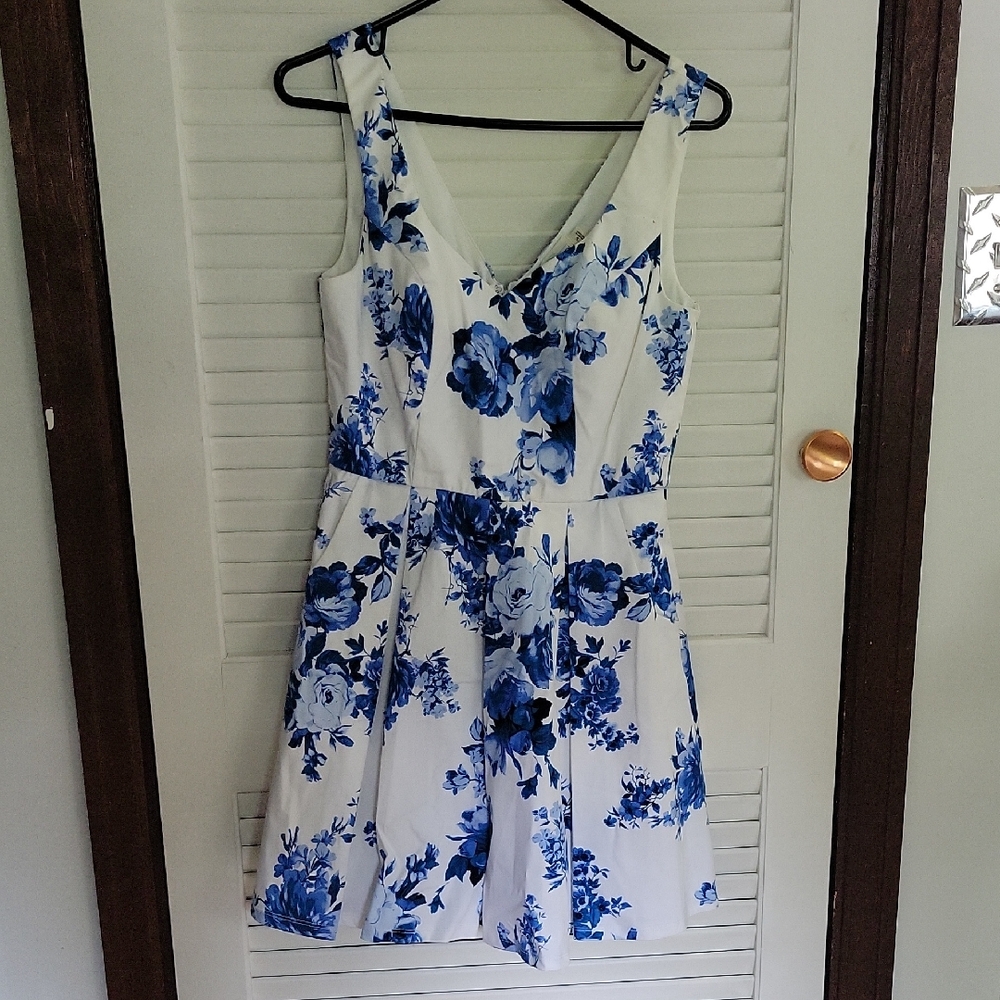 Jun & Ivy Dress.  White With Blue Flowers. Small